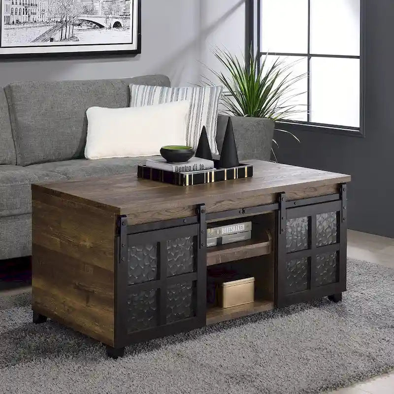 Table basse CUSchoice chêne rustique et noir avec verre obscur - 47L X 24l X 23H