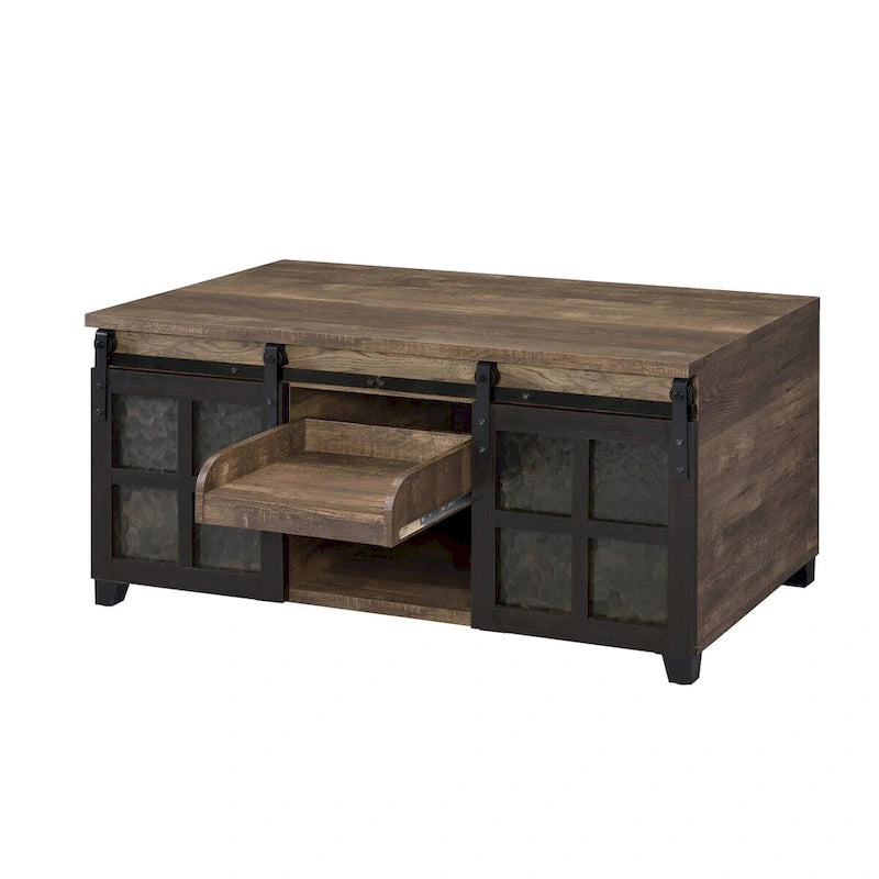 Table basse CUSchoice chêne rustique et noir avec verre obscur - 47L X 24l X 23H