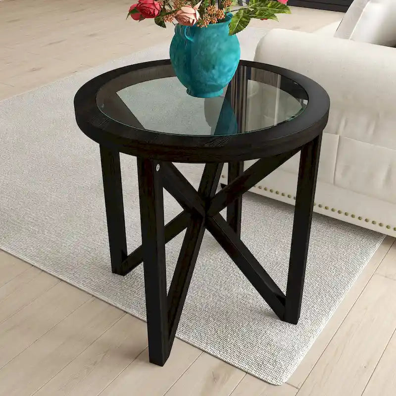 Table basse en verre trempé Base en bois massif Plateau rond en verre transparent