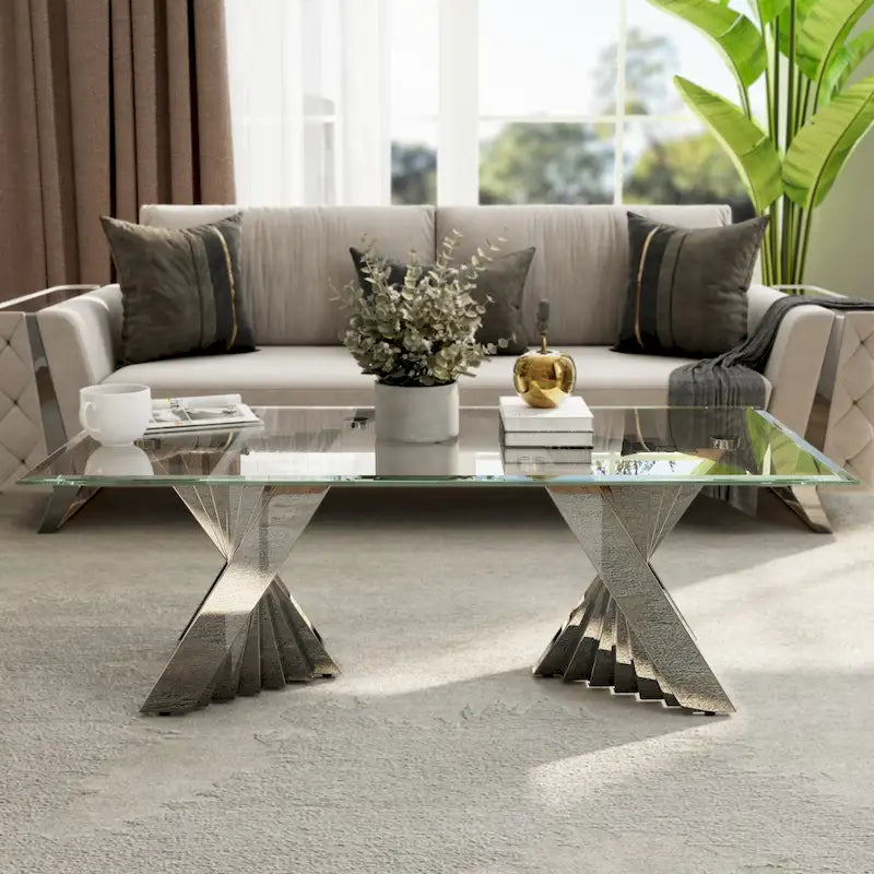 Table basse en verre trempé transparent avec base en acier inoxydable argenté pour salon