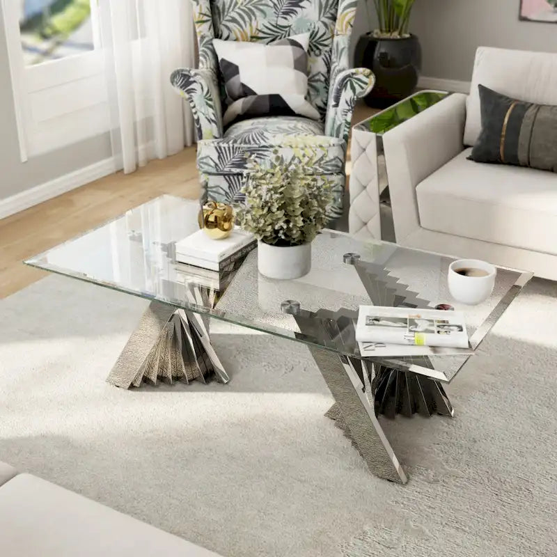 Table basse en verre trempé transparent avec base en acier inoxydable argenté pour salon