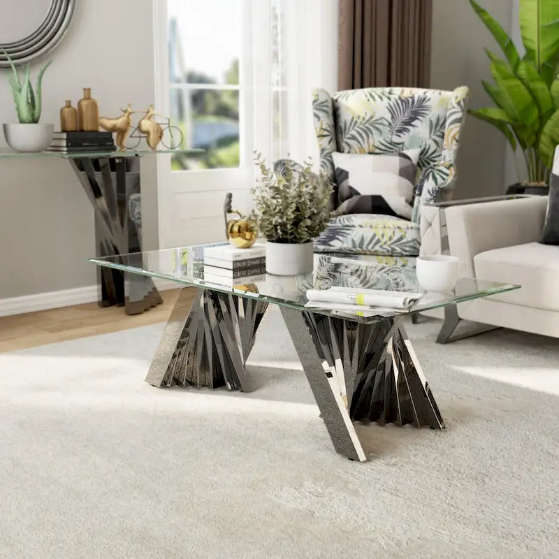 Table basse en verre trempé transparent avec base en acier inoxydable argenté pour salon