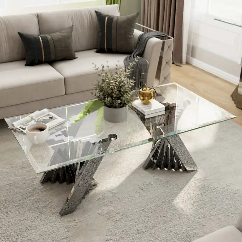 Table basse en verre trempé transparent avec base en acier inoxydable argenté pour salon