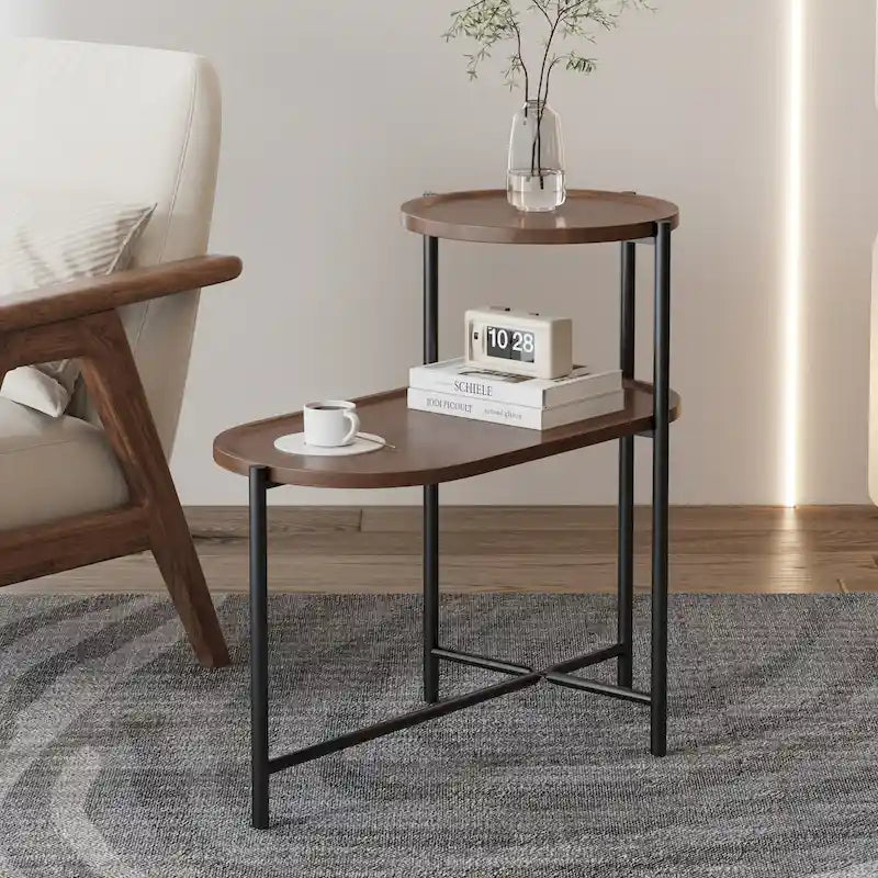 Petites tables basses Table d'appoint moderne à 2 niveaux avec étagère de rangement en bois Tables d'appoint de salon Tables de chevet (Noyer brun)