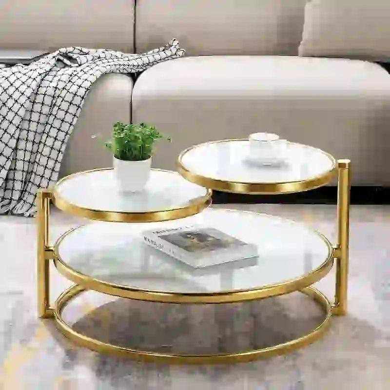 Table basse ronde en verre trempé à 3 niveaux avec plateau rotatif à 360 degrés