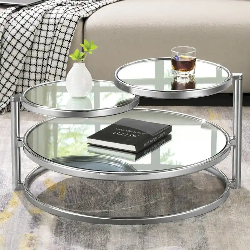 Table basse ronde en verre trempé à 3 niveaux avec plateau rotatif à 360 degrés