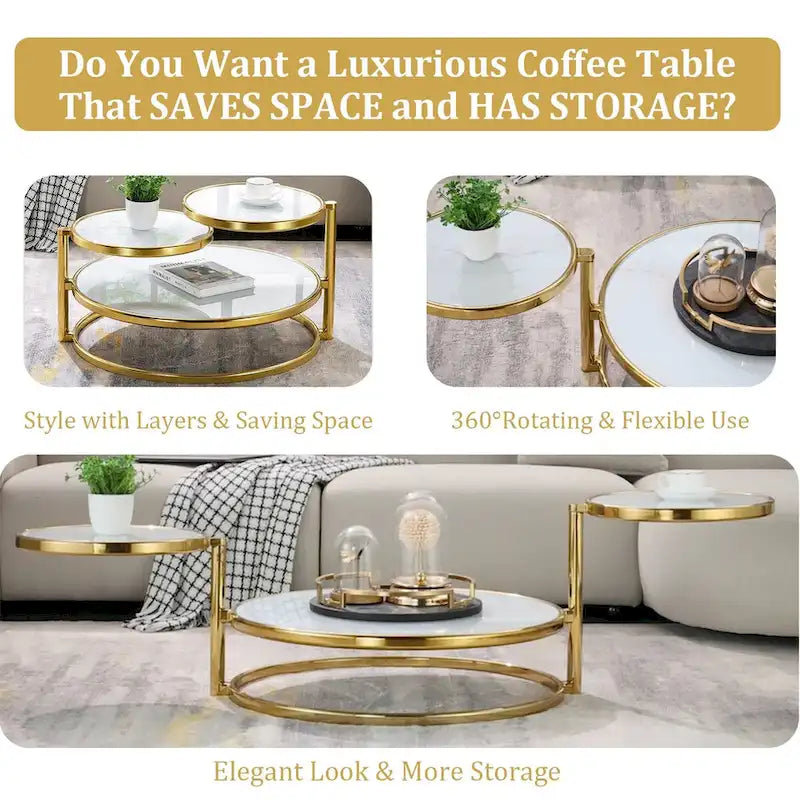 Table basse ronde en verre trempé à 3 niveaux avec plateau rotatif à 360 degrés