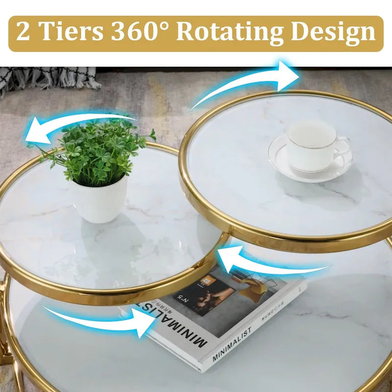 Table basse ronde en verre trempé à 3 niveaux avec plateau rotatif à 360 degrés