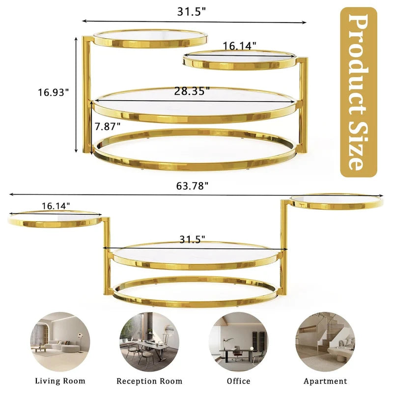 Table basse ronde en verre trempé à 3 niveaux avec plateau rotatif à 360 degrés