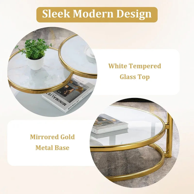 Table basse ronde en verre trempé à 3 niveaux avec plateau rotatif à 360 degrés