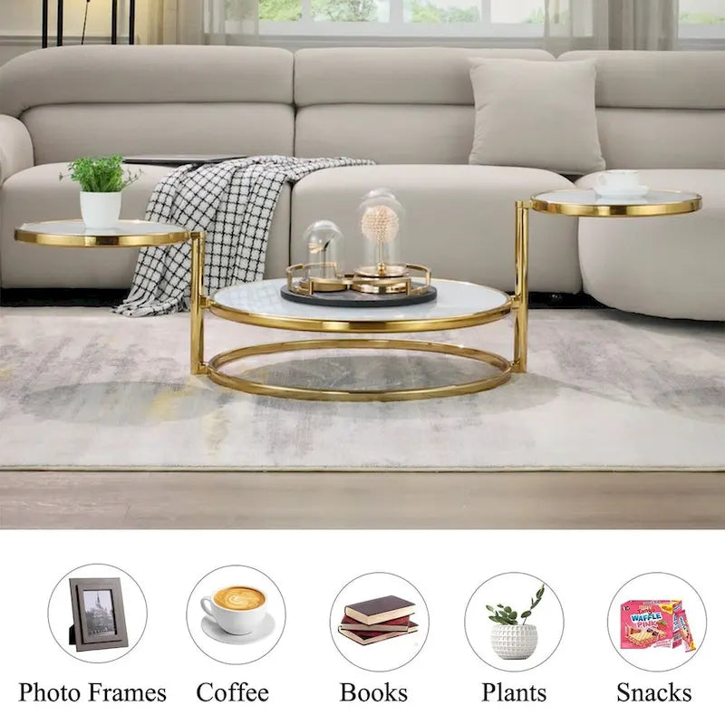 Table basse ronde en verre trempé à 3 niveaux avec plateau rotatif à 360 degrés