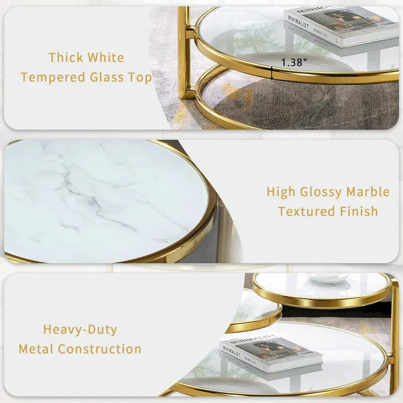 Table basse ronde en verre trempé à 3 niveaux avec plateau rotatif à 360 degrés