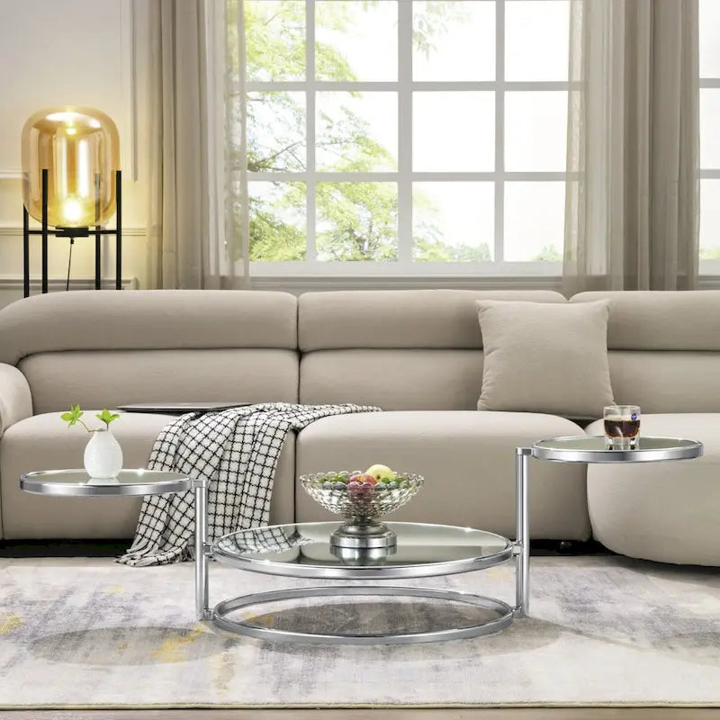 Table basse ronde en verre trempé à 3 niveaux avec plateau rotatif à 360 degrés