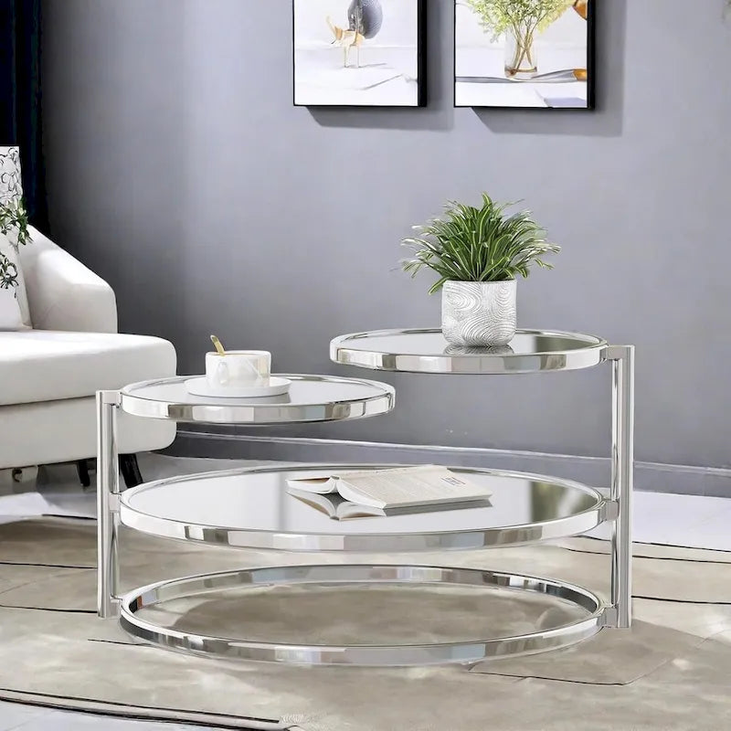 Table basse ronde en verre trempé à 3 niveaux avec plateau rotatif à 360 degrés