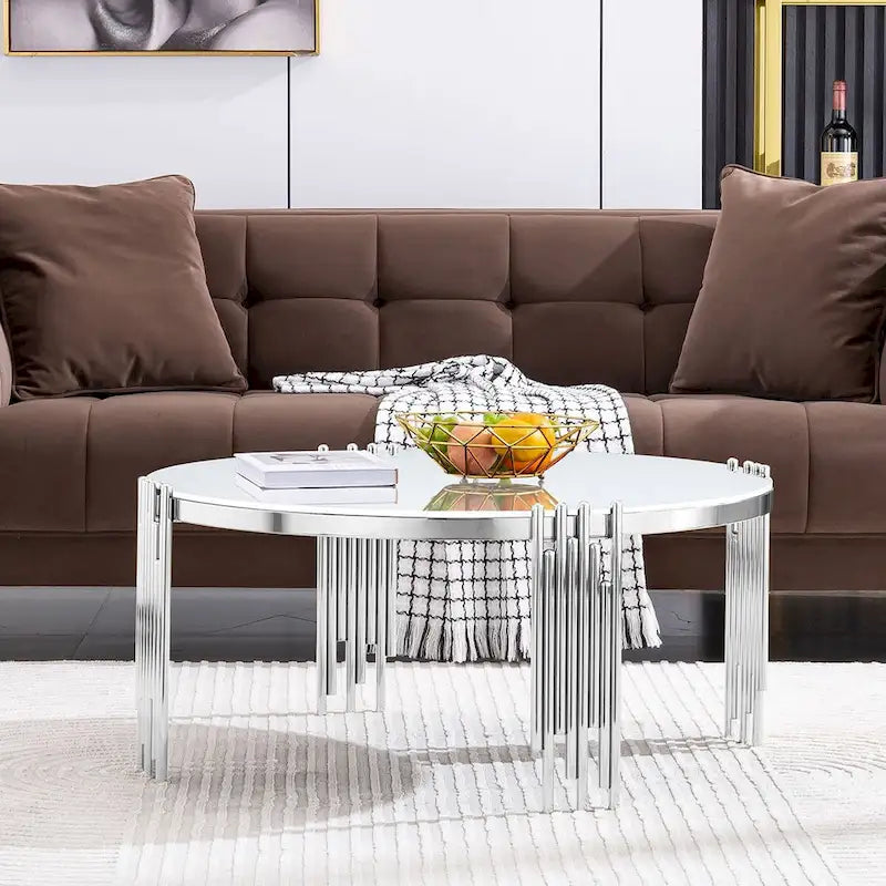 Table basse ronde en verre trempé à 3 niveaux avec plateau rotatif à 360 degrés