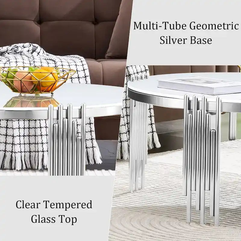 Table basse ronde en verre trempé à 3 niveaux avec plateau rotatif à 360 degrés