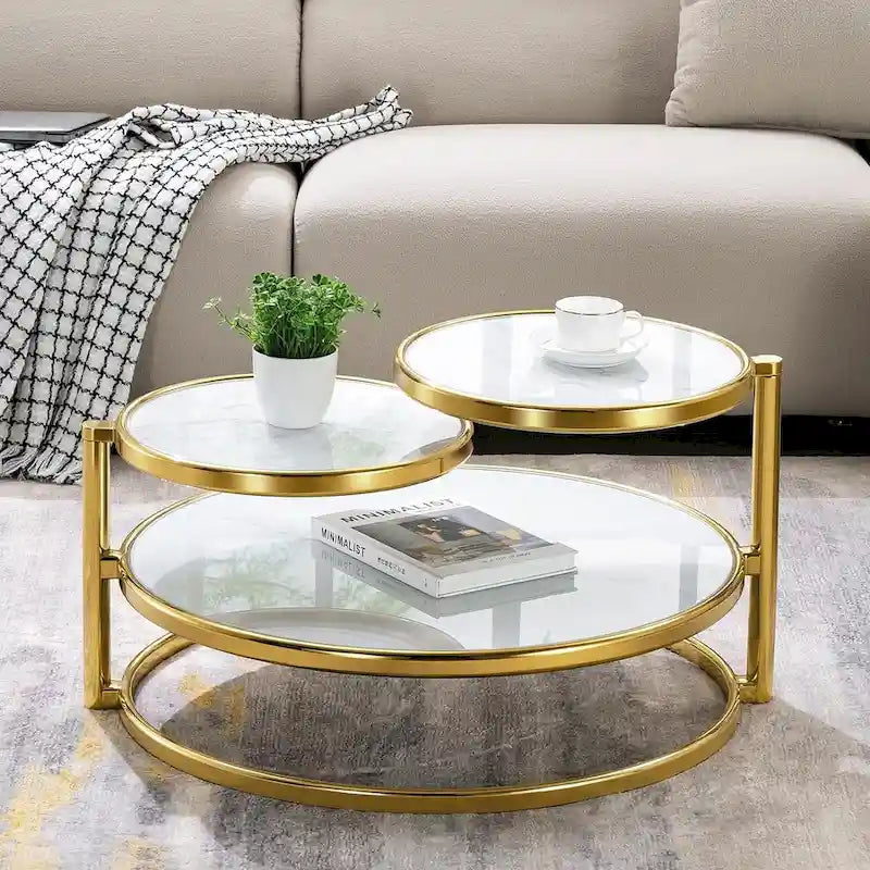 Table basse ronde en verre trempé à 3 niveaux avec plateau rotatif à 360 degrés
