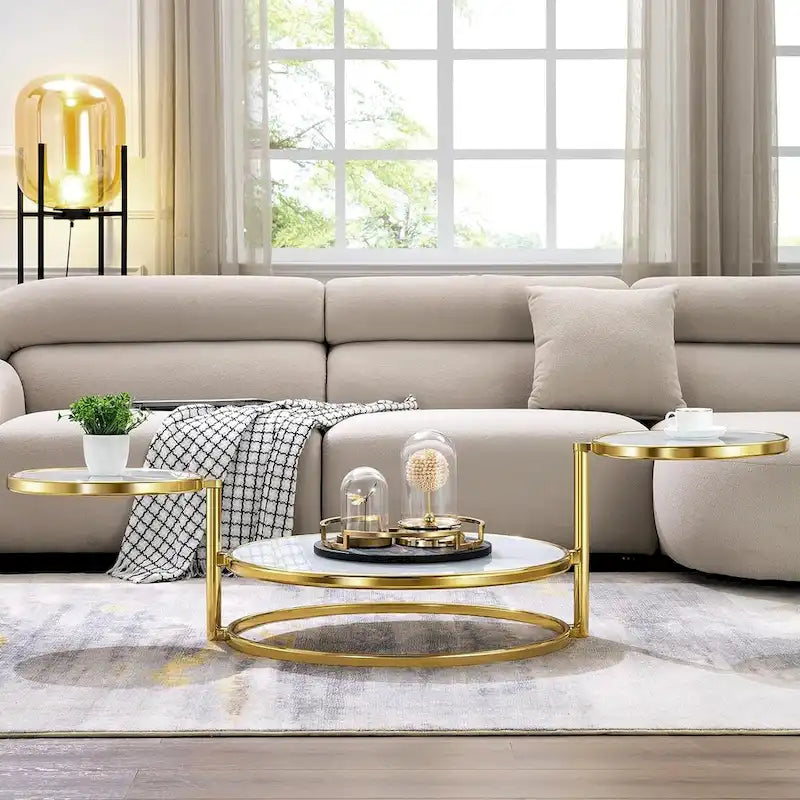 Table basse ronde en verre trempé à 3 niveaux avec plateau rotatif à 360 degrés