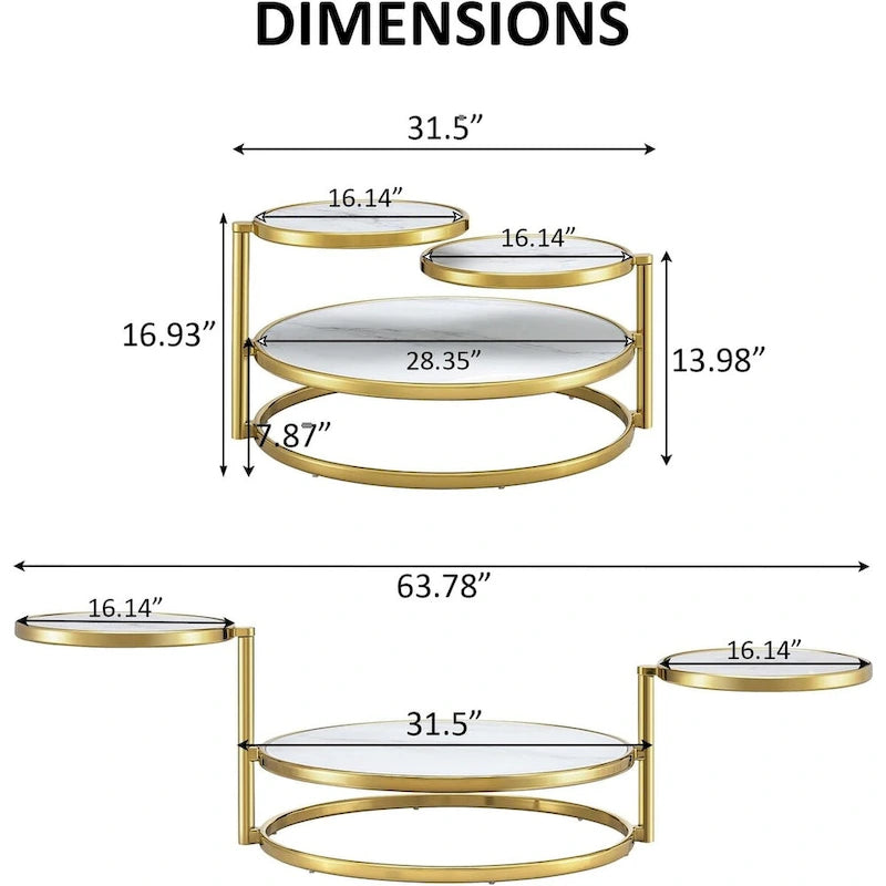Table basse ronde en verre trempé à 3 niveaux avec plateau rotatif à 360 degrés