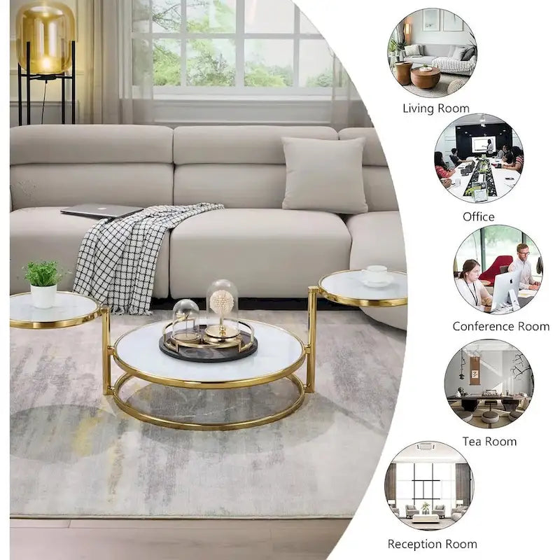 Table basse ronde en verre trempé à 3 niveaux avec plateau rotatif à 360 degrés