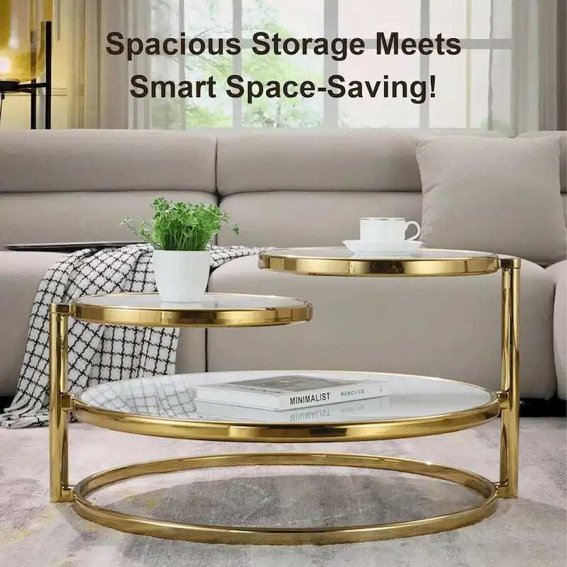 Table basse ronde en verre trempé à 3 niveaux avec plateau rotatif à 360 degrés