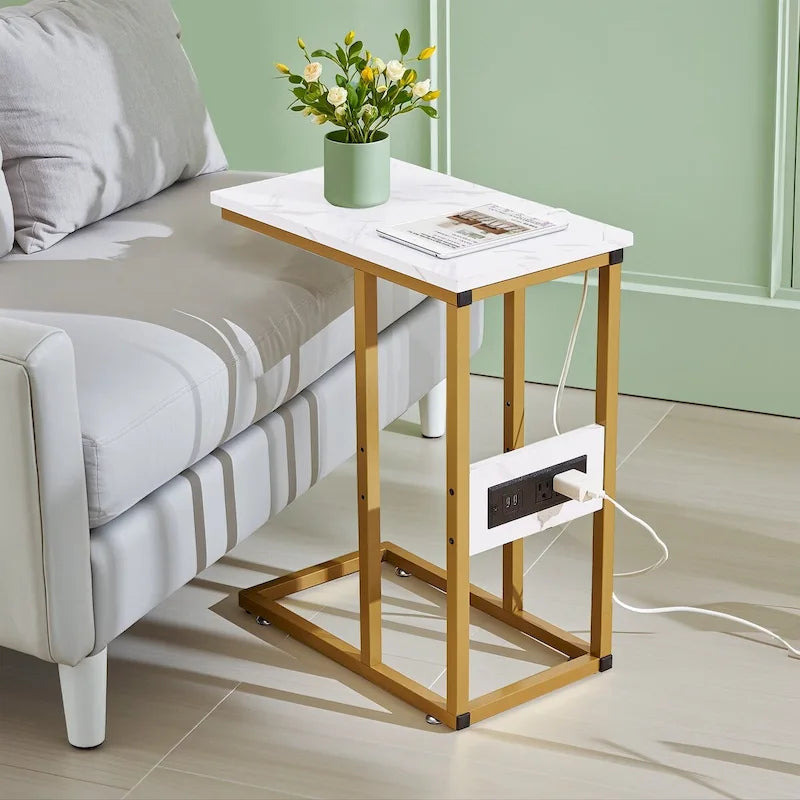 Table d'appoint en C, petite table de chevet avec ports USB et prises électriques pour petits espaces