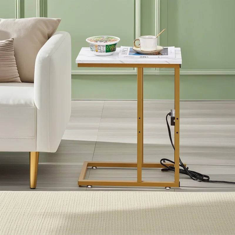 Table d'appoint en C, petite table de chevet avec ports USB et prises électriques pour petits espaces