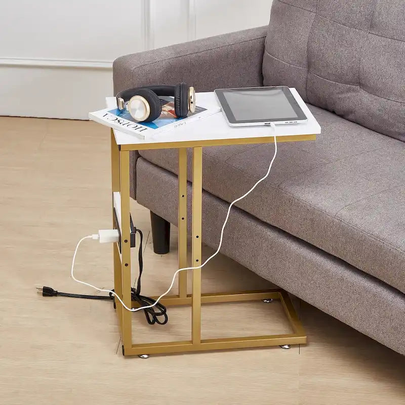 Table d'appoint en C, petite table de chevet avec ports USB et prises électriques pour petits espaces