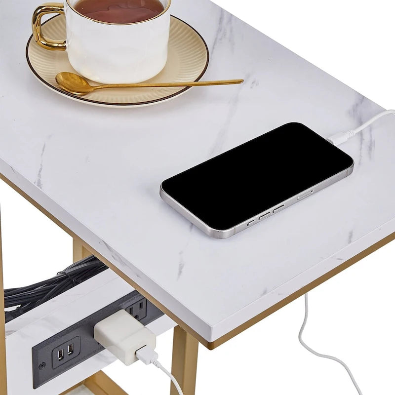 Table d'appoint en C, petite table de chevet avec ports USB et prises électriques pour petits espaces