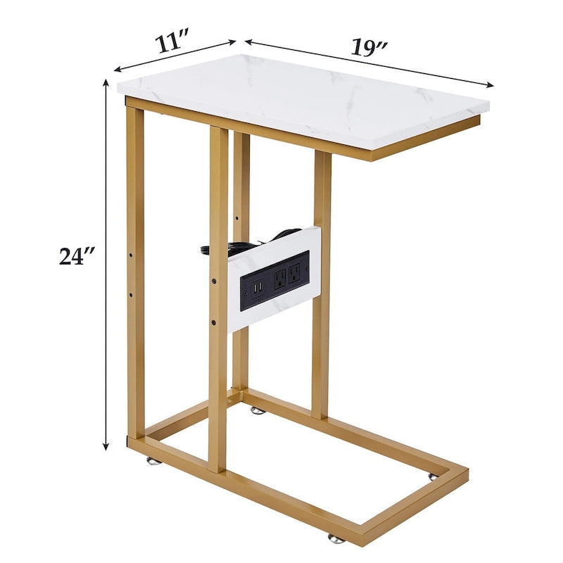 Table d'appoint en C, petite table de chevet avec ports USB et prises électriques pour petits espaces