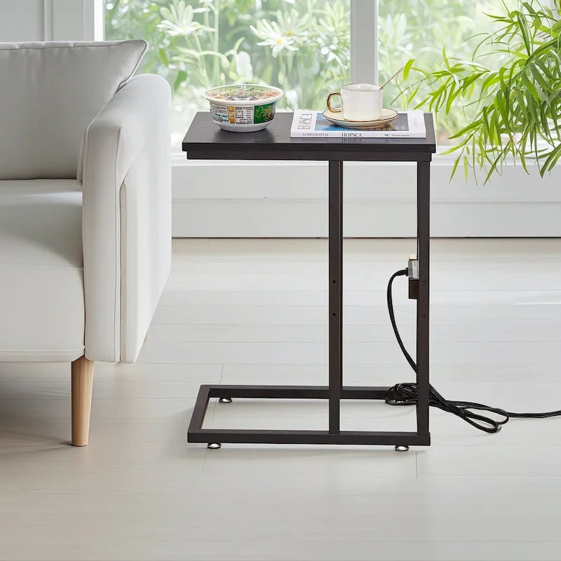 Table d'appoint en C, petite table de chevet avec ports USB et prises électriques pour petits espaces