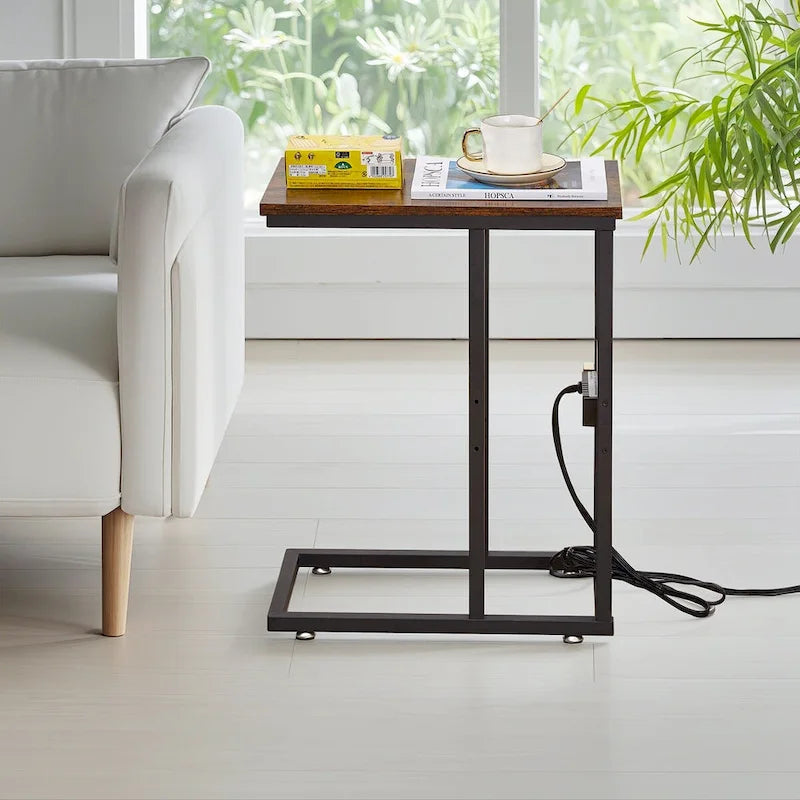 Table d'appoint en C, petite table de chevet avec ports USB et prises électriques pour petits espaces