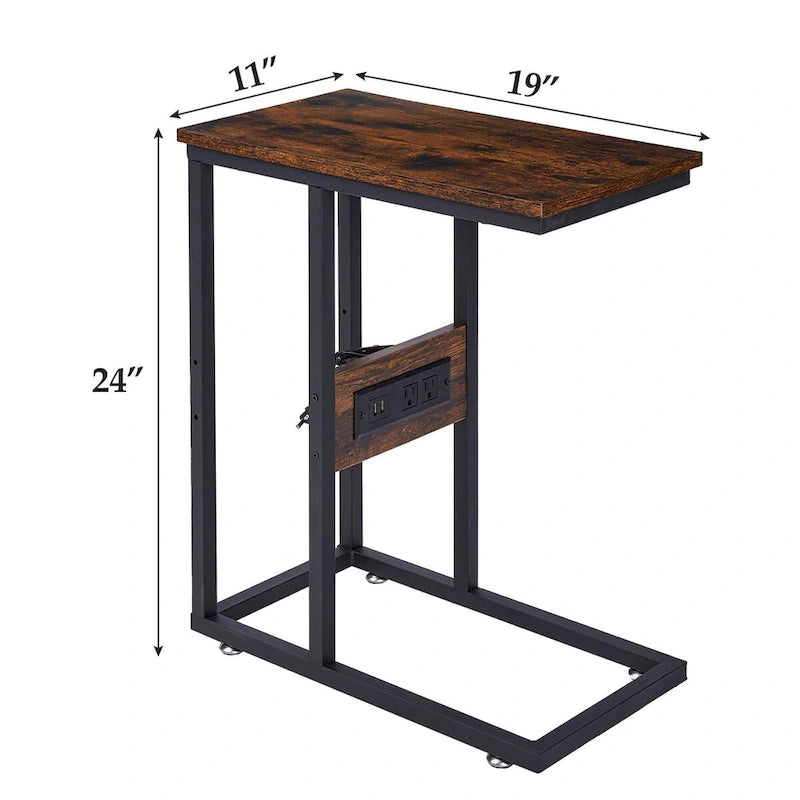 Table d'appoint en C, petite table de chevet avec ports USB et prises électriques pour petits espaces