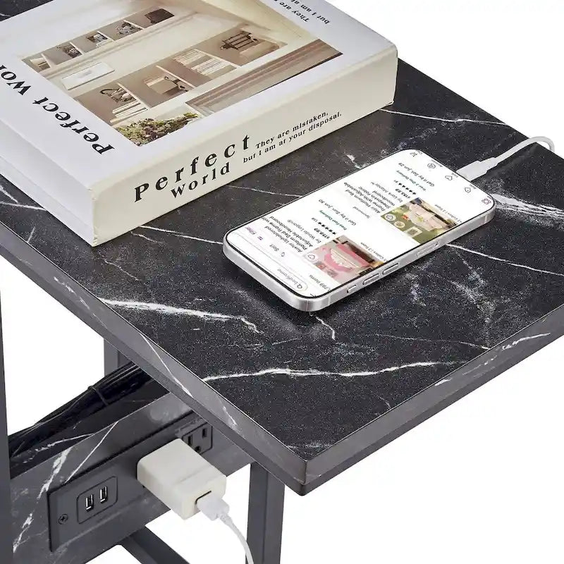 Table d'appoint en C, petite table de chevet avec ports USB et prises électriques pour petits espaces