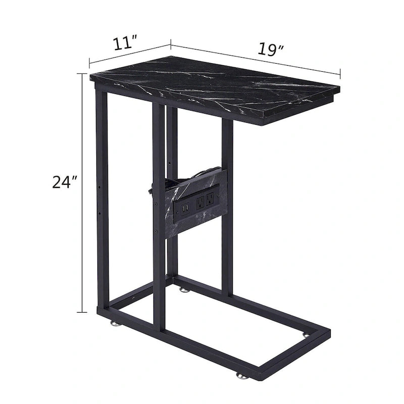 Table d'appoint en C, petite table de chevet avec ports USB et prises électriques pour petits espaces