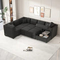 Canapé d'angle en U avec lit convertible, 2 ports USB, 2 prises de courant, 3 coussins de dossier, méridienne de rangement, noir