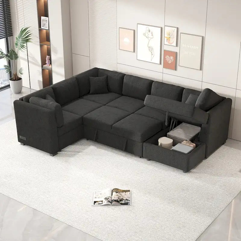 Canapé d'angle en U avec lit convertible, 2 ports USB, 2 prises de courant, 3 coussins de dossier, méridienne de rangement, noir