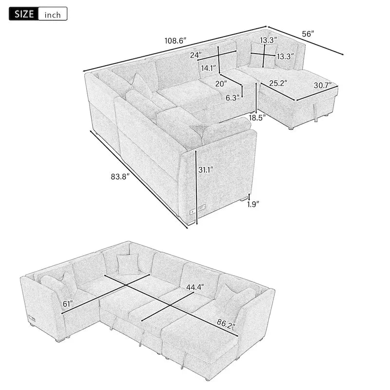 Canapé d'angle en U avec lit convertible, 2 ports USB, 2 prises de courant, 3 coussins de dossier, méridienne de rangement, noir