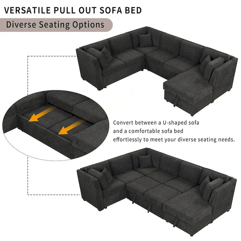 Canapé d'angle en U avec lit convertible, 2 ports USB, 2 prises de courant, 3 coussins de dossier, méridienne de rangement, noir