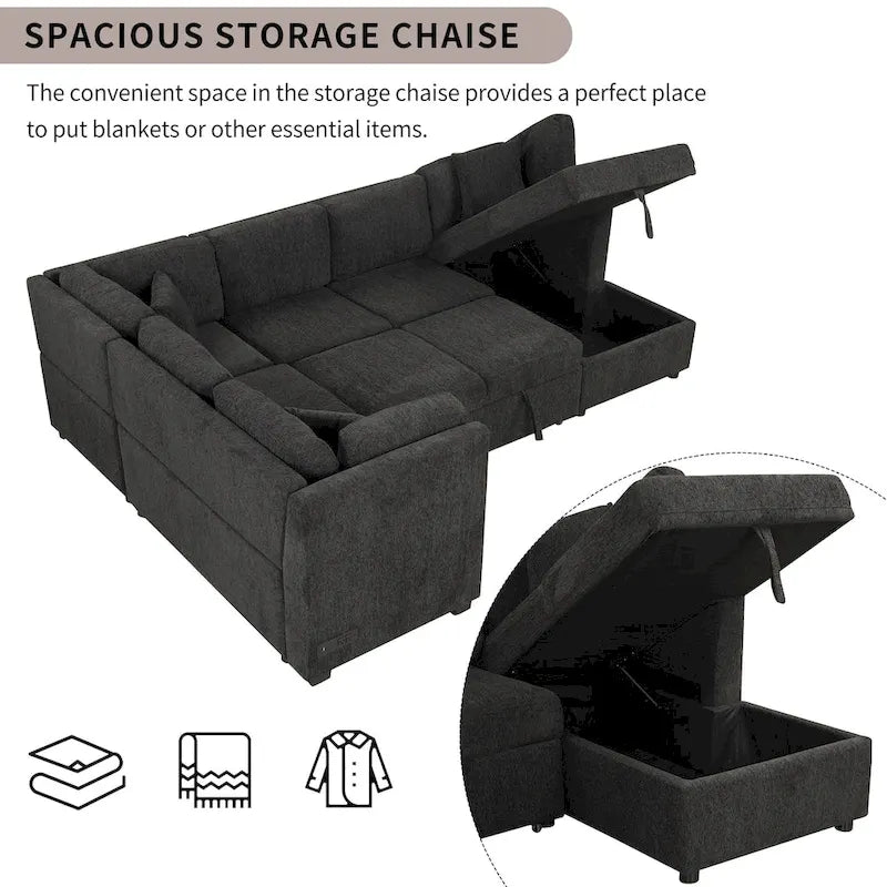 Canapé d'angle en U avec lit convertible, 2 ports USB, 2 prises de courant, 3 coussins de dossier, méridienne de rangement, noir