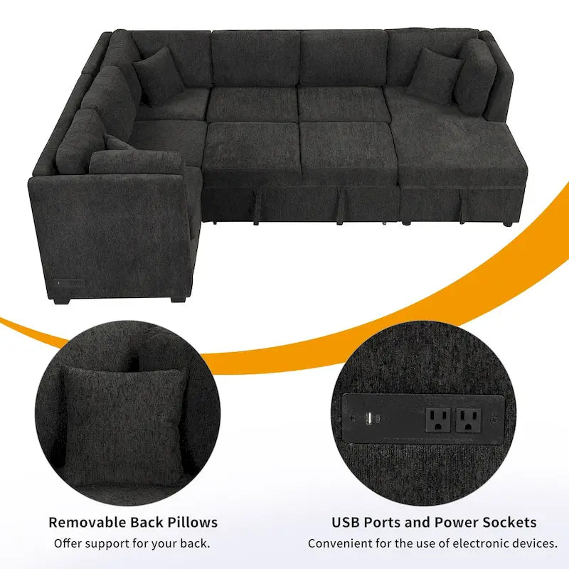 Canapé d'angle en U avec lit convertible, 2 ports USB, 2 prises de courant, 3 coussins de dossier, méridienne de rangement, noir
