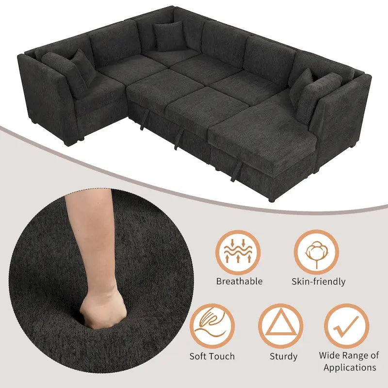 Canapé d'angle en U avec lit convertible, 2 ports USB, 2 prises de courant, 3 coussins de dossier, méridienne de rangement, noir