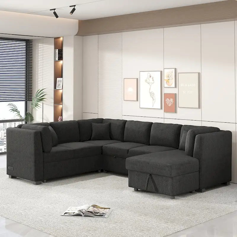 Canapé d'angle en U avec lit convertible, 2 ports USB, 2 prises de courant, 3 coussins de dossier, méridienne de rangement, noir