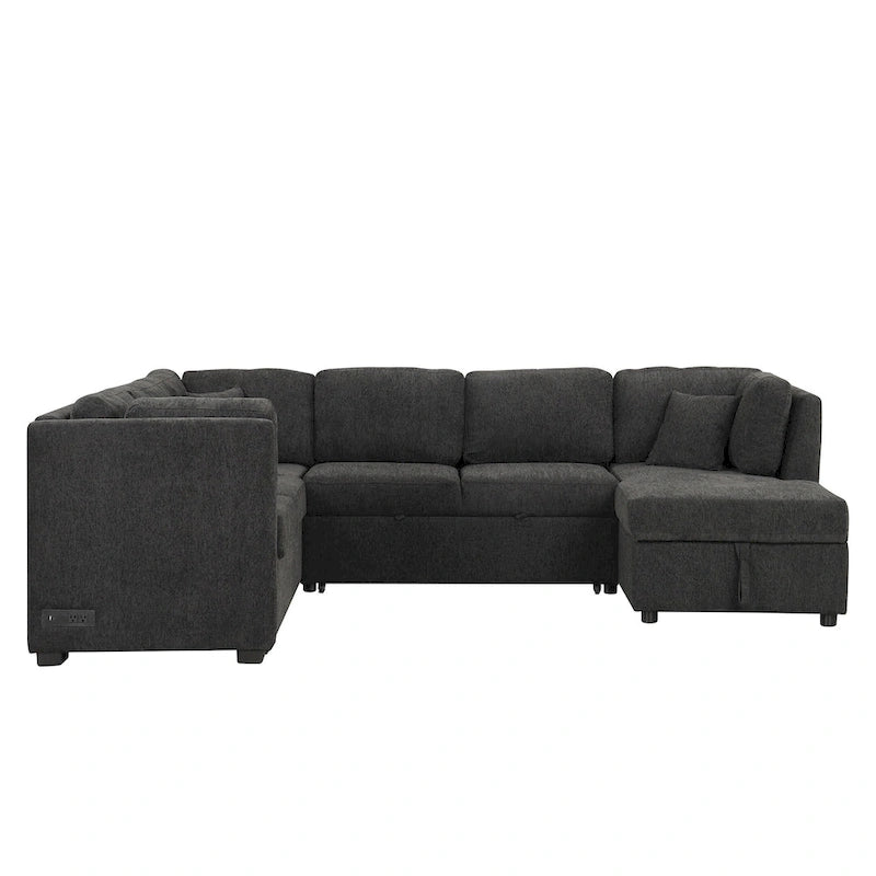 Canapé d'angle en U avec lit convertible, 2 ports USB, 2 prises de courant, 3 coussins de dossier, méridienne de rangement, noir