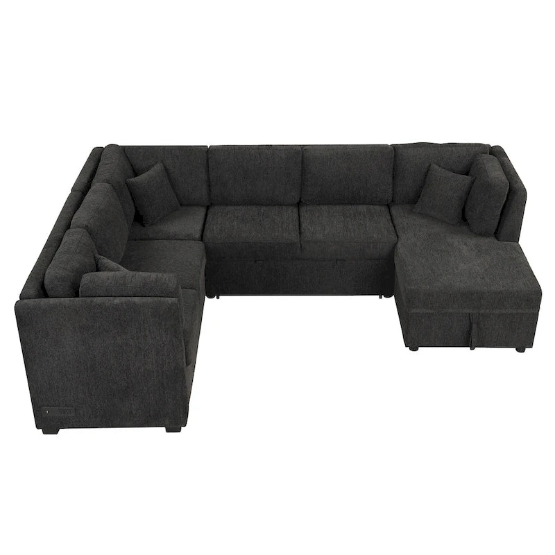 Canapé d'angle en U avec lit convertible, 2 ports USB, 2 prises de courant, 3 coussins de dossier, méridienne de rangement, noir