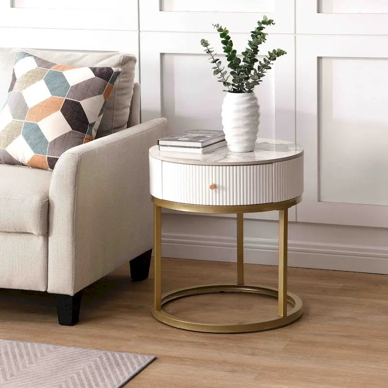 Table d'appoint ronde en marbre de 50 cm avec rangement, table de chevet moderne avec tiroir, table d'appoint pour salon et chambre