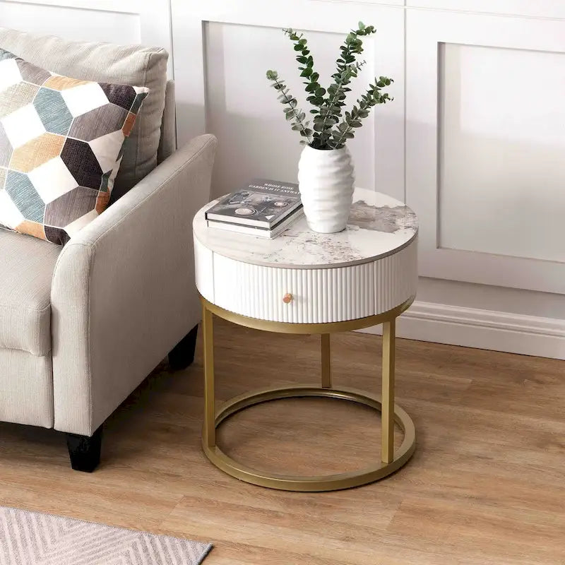 Table d'appoint ronde en marbre de 50 cm avec rangement, table de chevet moderne avec tiroir, table d'appoint pour salon et chambre