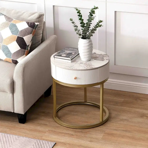 Table d'appoint ronde en marbre de 50 cm avec rangement, table de chevet moderne avec tiroir, table d'appoint pour salon et chambre