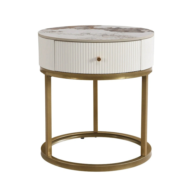 Table d'appoint ronde en marbre de 50 cm avec rangement, table de chevet moderne avec tiroir, table d'appoint pour salon et chambre