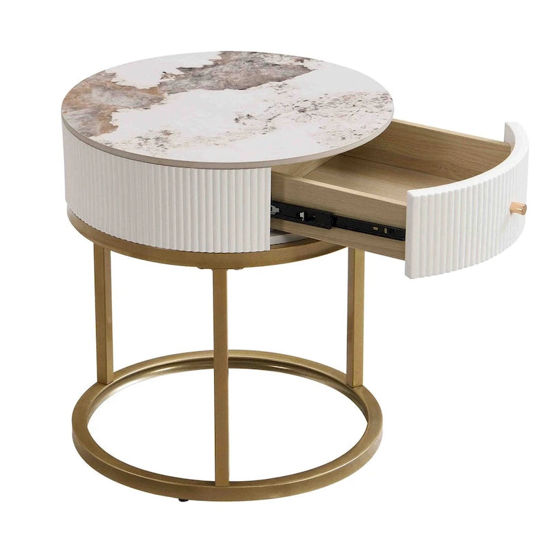 Table d'appoint ronde en marbre de 50 cm avec rangement, table de chevet moderne avec tiroir, table d'appoint pour salon et chambre